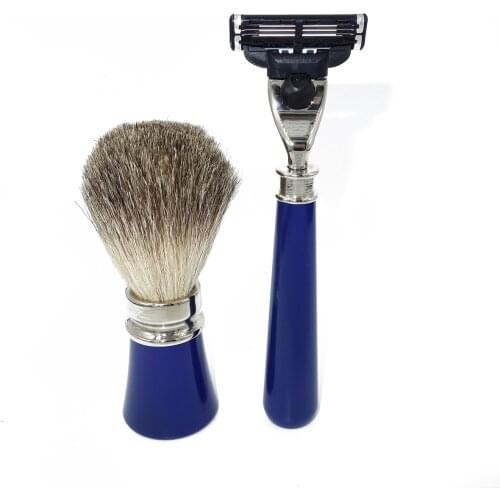 WLONG Men Face Cleaning Shaving Brush Set with Soft Badger Hair and Navy Blue Handle Holder for Safety Razor