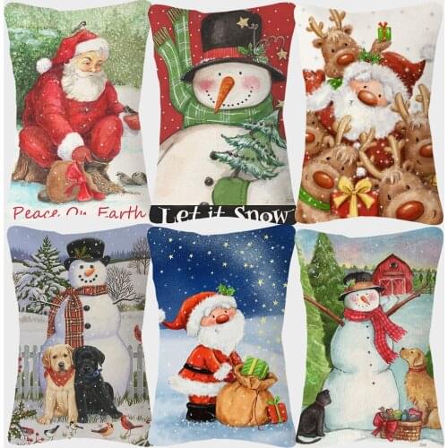 Snowman Santa And Reindeers Cushion Covers Merry Christmas Holiday Decorative Lumbar Linen Pillow Case