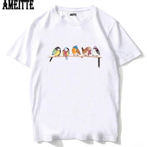 AMEITTE New Summer Fashion Men T-Shirt A Row of Birds Print T-Shirt Boy Casual Tops Funny Bird Design Tees Hip Hop Short Sleeve