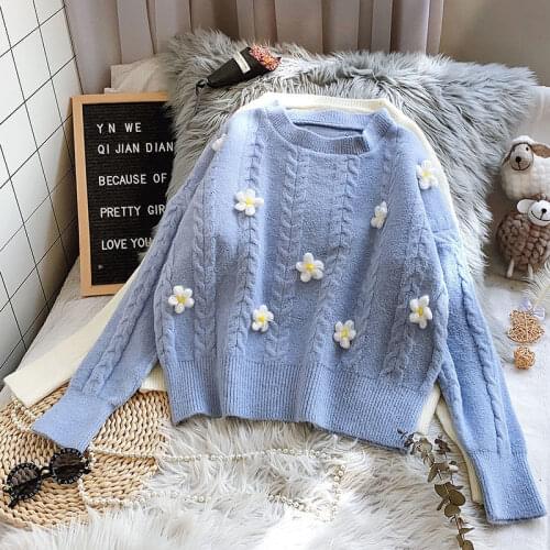OMCHION Womens Loose Korean Autumn Retro Japanese Sweater 2020 O Neck Floral Embroidery Base Knitted Students Pullover LYT85