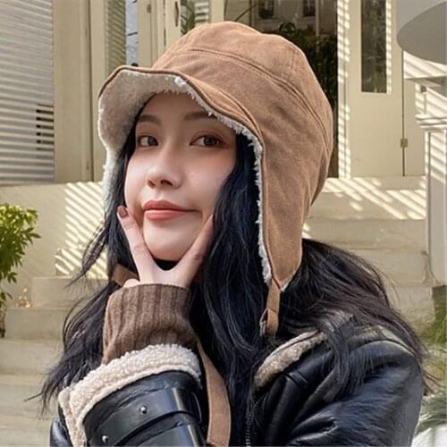 Autumn Winter Faux Cashmere Warm Bomber Hats Women Suede Pilot Ear Prorector Hats Caps Visor Hat For Girls