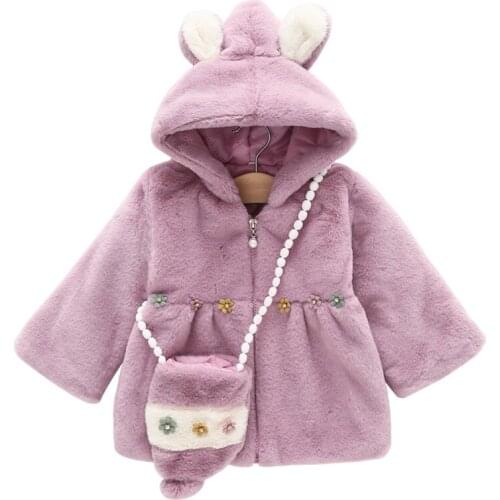 Girls Coats Children Overcoat Winter 2021 New Flower Thickened Imitation Fur Coat and Bag Casual Hooded Warm for Girl Clothing