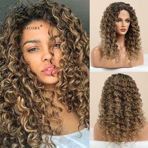 Blonde Unicorn Lace Part Synthetic Wig Medium Long Curly Hair Wigs for Black White Women Heat Resistant Daliy Party Use