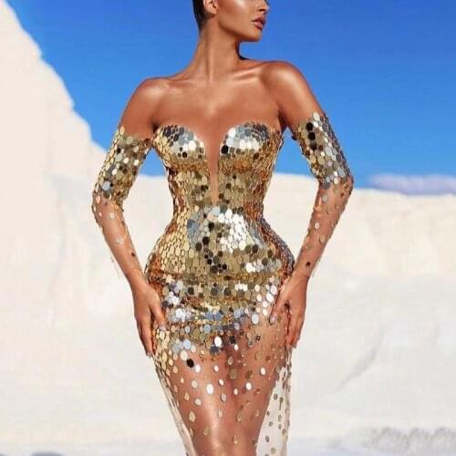 Gold Sequined Dresses for Women Party Strapless Illusion Off The Shoulder Bodycon Dress Female Sexy Fashion Club Sheath Dress