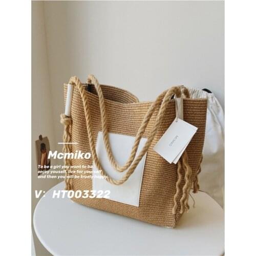 Casual Overlarge Tote Straw Bags Linen Rope Woven Woemn Shoulder Bags Rattan Pu Patchwork Handbags Summer Beach Bag Big Purses