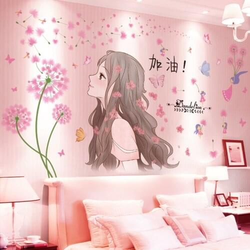 [shijuekongjian] Dandelion Flowers Wall Stickers DIY Cartoon Girl Wall Decals for Living Room Kids Room Kitchen House Decoration