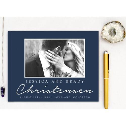 Navy Wedding Guest Book Alternative Landscape Horizontal Guest Books,Custom Photo Guestbook,Modern White Guest Book,Wedding Gift
