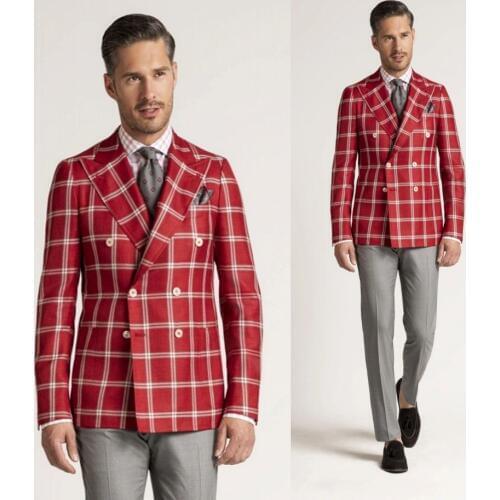 Hot Sale Wedding Tuxedos Red Check Double Breasted Mens Suit Formal Prom Party Wear Blazer Only One Pieces