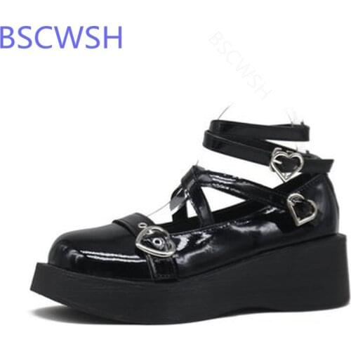 Sweet Heart Buckle Lolita Shoes Platform Round Head Thick Heel Cross Bandage Women Shoes Kawaii Shoes Cosplay Mary Jane Shoes