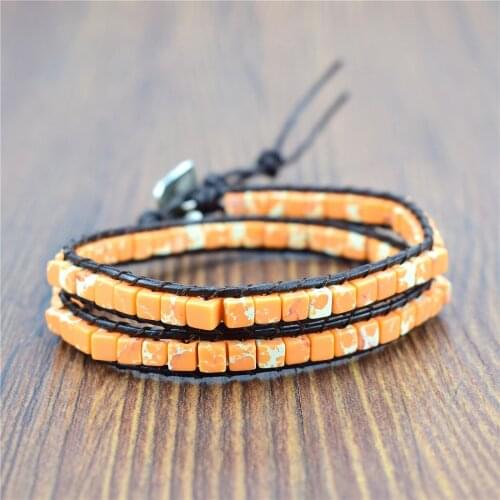Bohemian Bracelet 4mm Square Shape Natural Stone Single Leather Rope 2 Wrap Bracelet Women Beaded Couples Bracelet