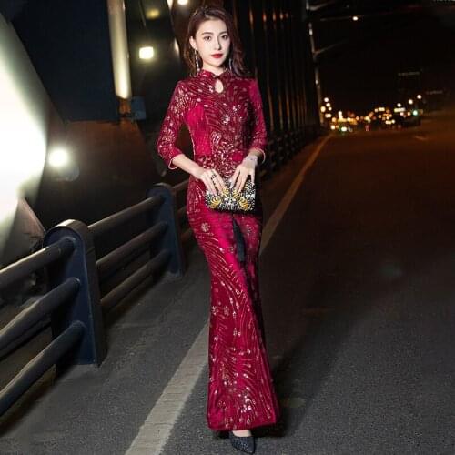 Evening Dress New High Neck Vintage Three Quarter Sleeves Sequins Floor-Length Mermaid Plus size Women Formal Party Gown C878