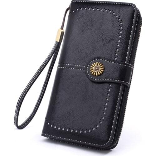 Vintage Hollow Womens leather wallet 6 colors Solid money bag Long womens purses coins and cards Hotsale black woman wallet