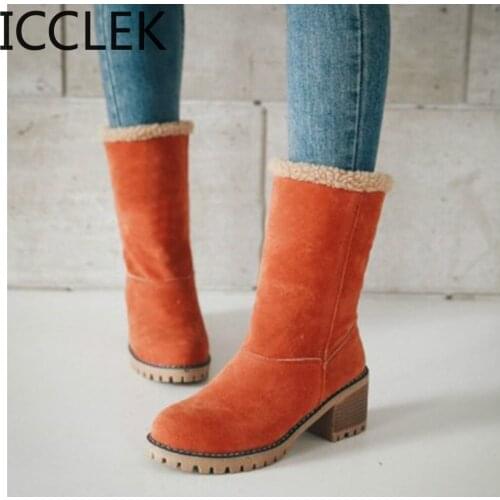Women Shoes Winter Fur Warm Snow Boots Ladies Flock Warm Middle Booties Solid High Heel Martin Boot Casual Ankle Boots A033