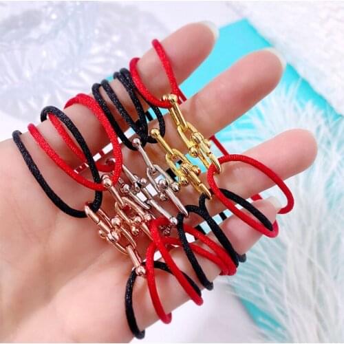 High Quality Black Red And More Colors Cotton Rope Accessories U Lock Chain Style Stainless Steel Bracelets Bangle For Women
