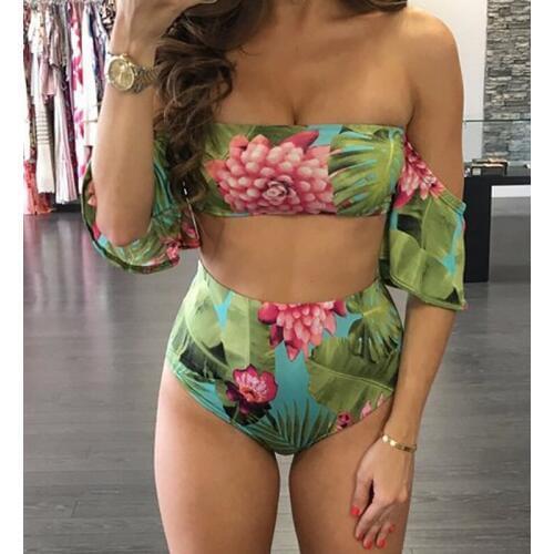 Women High Waist Swimwear Bikini Set 2019 Summer Print Push-up Padded Bra Bathing Suit Swimsuit Off Shoulder Leotard