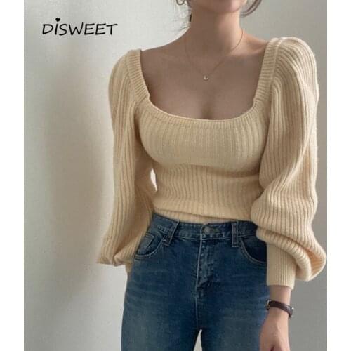 Square Neck Knitted Sweater Woman Simple Puff Sleeve Solid Loose Sweater Women Simplicity Long Sleeve Slim Womens Sweater 2021