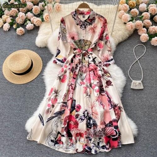Spring Summer Print Floral Vintage Long Dress Women Polo Neck Half Sleeve Bandage Shirt Dress Elegant Evening Party Robe Dresses