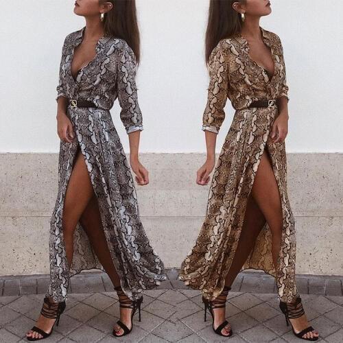 Snake Pattern Sexy Dress 2018 Autumn Winter Women V Neck Long Sleeve Shirt Dress Maxi Dresses Ladies Casual Party Vestidos