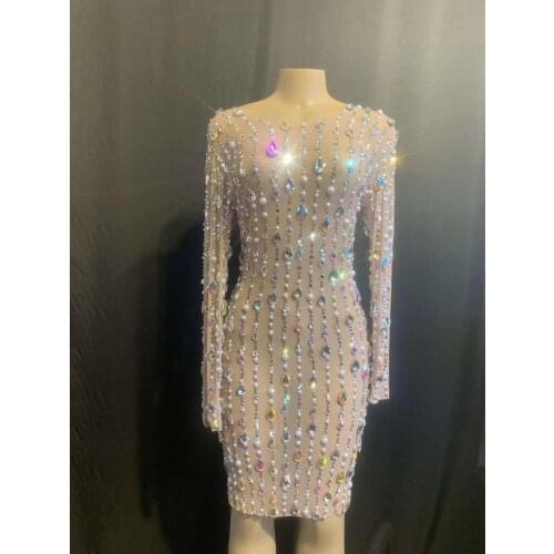 2020 Women New Mesh See Through Crystals Shiny Big Crystal Beading Dress Evening Party Birthday Dinner Sexy Dresses