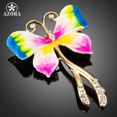 AZORA Multicolor Oil Painting Pattern Butterfly Clear Austria Rhinestone Gold Color Pin Brooch TP0037