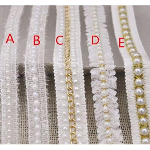 1M White Beaded Lace Fabric Tulle Voile Pleated Sequins Gold Lace Ribbon Collar Guipure Trim Decor Sewing Applique dentelle K13