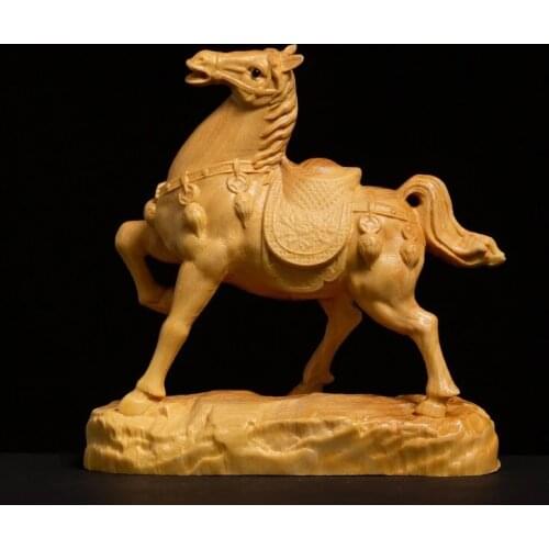 Boxwood Carving Lucky Feng Shui Zodiac Horse Decoration Living Room Statue Crafts Success Horse Home Decor