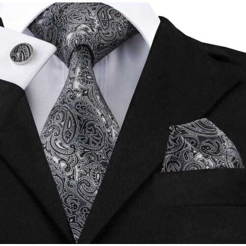Hi-Tie Mens Gray Black Paisley Tie Hanky Cufflinks Sets 100% Floral Silk Ties for Men Formal Wedding Party Groom