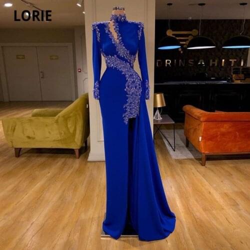 LORIE Arabic Evening Dresses High Neck Appliques Long Sleeves Side Split Prom Gown Dubai Pageant Mermaid Party Dress 2021