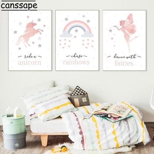 Unicorn Wall Art Posters Rainbow Prints Elf Art Painting Nursery Poster Cartoon Print Nordic Wall Pictures Baby Girl Room Decor