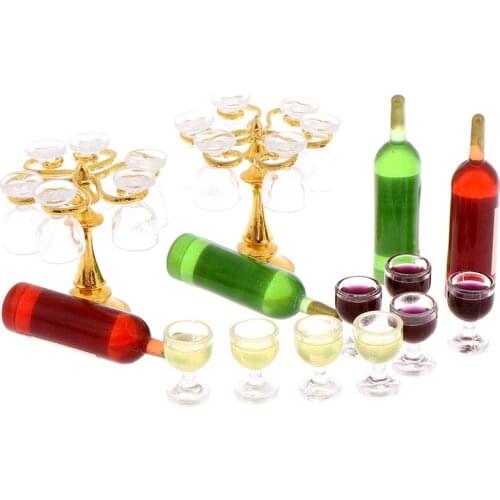 New 13Pcs Wine Drink Bottles, Goblets, Beer Cups,Wine Bottles Cup Holder Dollhouse Miniature Pub Shop & Round Floral Stool Chair