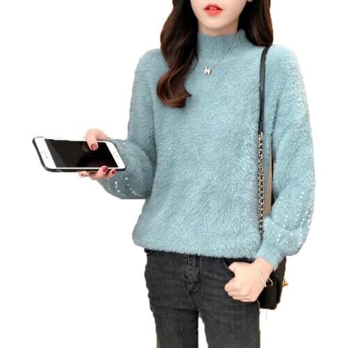 Zuolunouba Winter 2020 New Mink Velvet Women Sweater Lazy Beaded Loose Knitted Thickened Sweet Bubble Sleeve Ladies Pullover