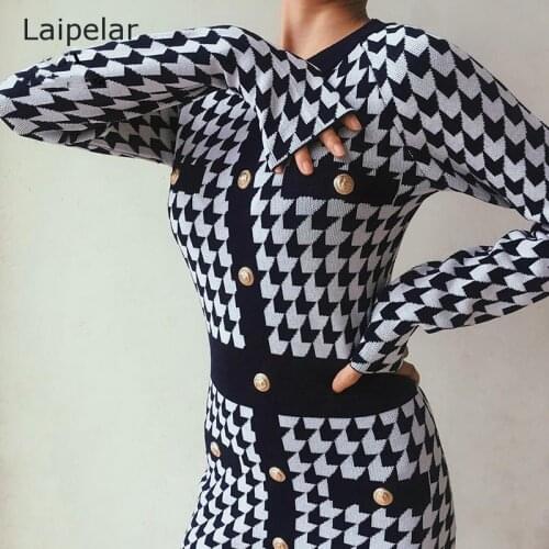 Autumn ladies plaid knitted dress fashion retro knitted sweater robe all-match self-cultivation street mid-length dress robe