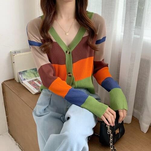 Autumn Korean of the new loose v-neck color knit long-sleeved cardigan sweater