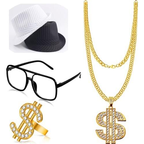 80s/90s Rapper Costume Hip Hop Costume Kit Chain Flat Top Sunglasses Rapper Big Links Chain Necklace