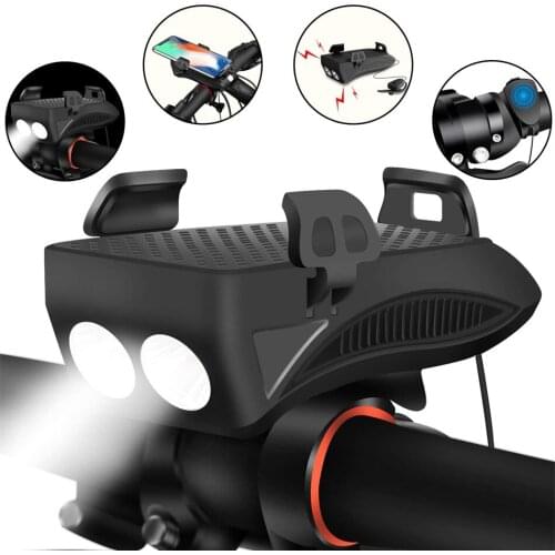 USB Rechargeable Bike Headlight Waterproof Cycling Light LED Light Bike Horn Power Bank Frontlight with 4 Modes Bike Front Light