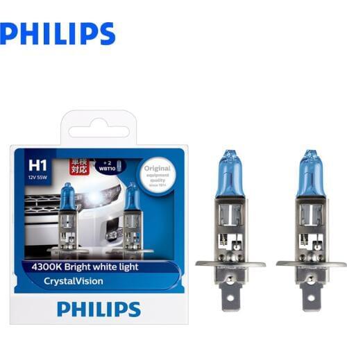 Philips H1 12V 55W Crystal Vision 4300K Bright White Light Halogen Lamps Auto Bulbs Stylish Look UV Resistant 12258CVSM, Pair