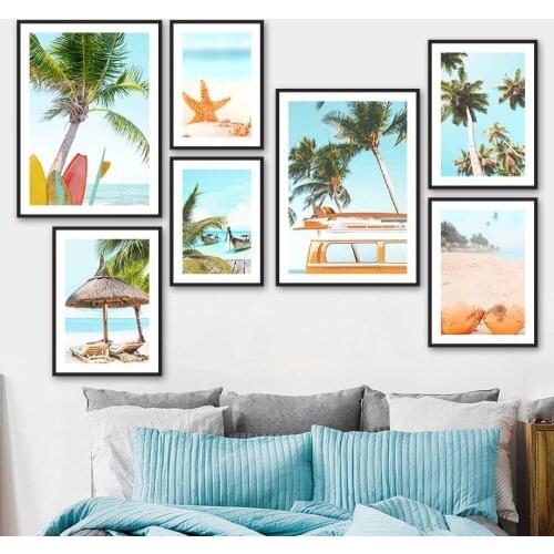 Beach Coconut Tree Sea Surfboard Starfish Wall Art Canvas Painting Nordic Posters And Prints Wall Pictures For Living Room Decor
