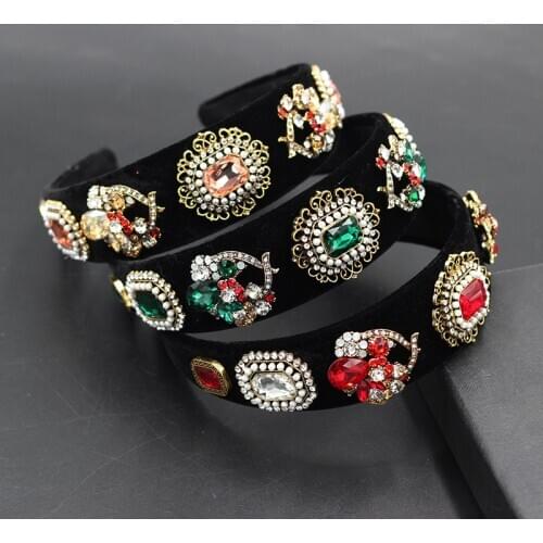 Retro baroque wide-sided rhinestone geometric headband flannel rhinestone pearl ladies prom catwalk hair accessories 819