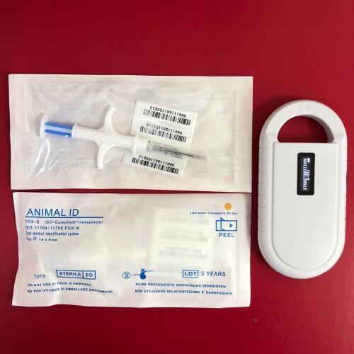 ISO11784 FDX-B Hand reader portable scanner rfid glass chip animal identification use with 2 pcs injection syringe1.4*8mm