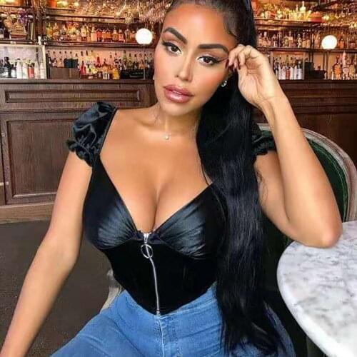 Women Sexy V-neck Backless Top Fashion Short Sleeve Zipper Solid Color Crop Tops for Women Ladies