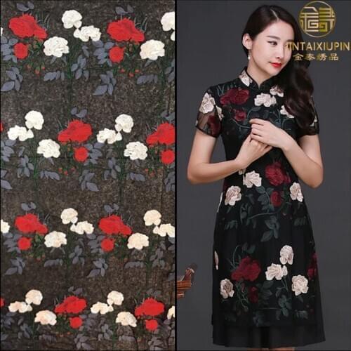 Embroidery peony floral colroful lace fabric for womens dress