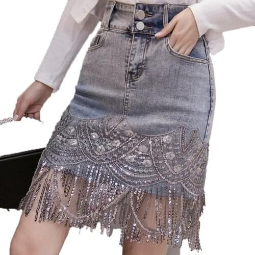 Sequins Patchwork Embroidery Jeans Skirt Women Elegant Fashion High Waist Sequin Fringe Skirt Lady Mini Denim Skirts