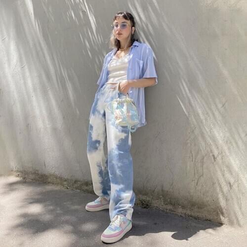 2021 Womens Tie Dye Printed Jeans Fashion Sexy Streetwear High Waist Wide Leg Denim Pants Trousers Straight Pant Jeans