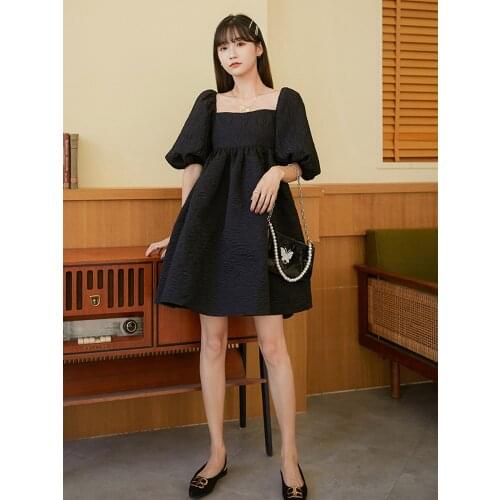 Black Retro Pleated Square Neck High Waist Puff Sleeve Women Mini Cute Sweet Dress Vestido de mujer