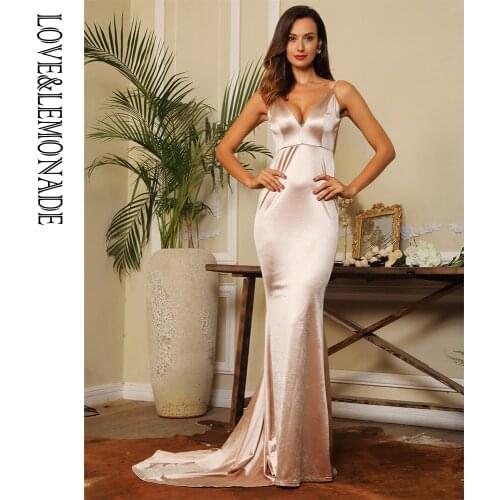 LOVE&LEMONADE Nude Deep V-Neck Open Back Slim Flash Material Long Dress LM81222