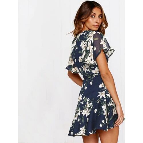 Spring And Summer WomenS Floral Short Sleeve Belt Chiffon Dress High Waist Deep V Print Sexy Mini