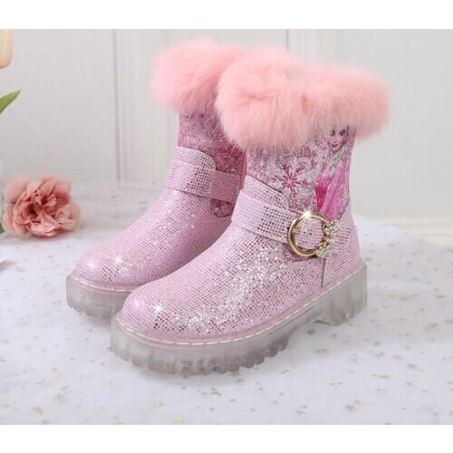 Disney Princess Elsa Shoes For Winter Cartoon Frozen Baby Girls Snow Boots Fashion Mid-Calf Martin Boots Girls Plush Boots Pink