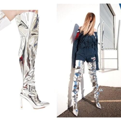 2021 Catwalk Club Female Sexy Boots Over The Knee High Side Zipper Thin High Heel Pointed Toe Patent Leather Woman Long Boots
