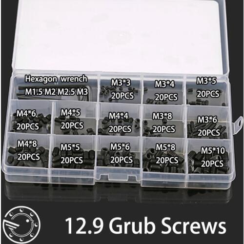 260pcs grub Screws Metric Thread Allen Head Hex Socket Grub Screws Bolts Fasteners Self-tapping Screw Socket Head set