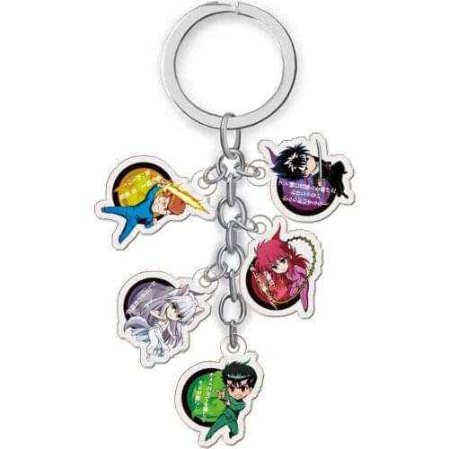 5 In 1 Vintage Anime YuYu Hakusho Keychain Urameshi Yuusuke Kurama Hiei Figures Pendant Acrylic Keyring Metal Key Chain